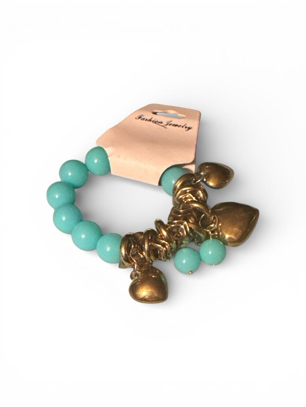 Mint Green Bead And Gold Heart Boho Bracelet Stretch